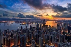 A beautiful sunrise in Hong Kong from the stunning vantage point of Victoria Peak.